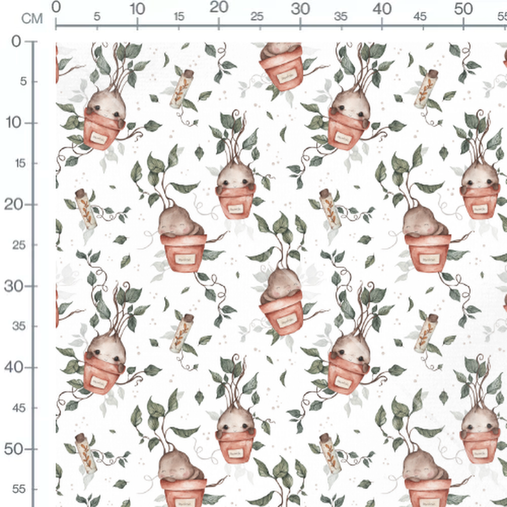 Tissu - Plantes joyeuses en pots rouges