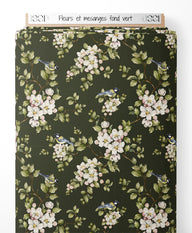Tissu - Fleurs et mésanges sur fond vert