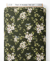 Tissu - Fleurs et mésanges sur fond vert