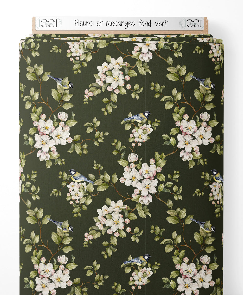 Tissu - Fleurs et mésanges sur fond vert