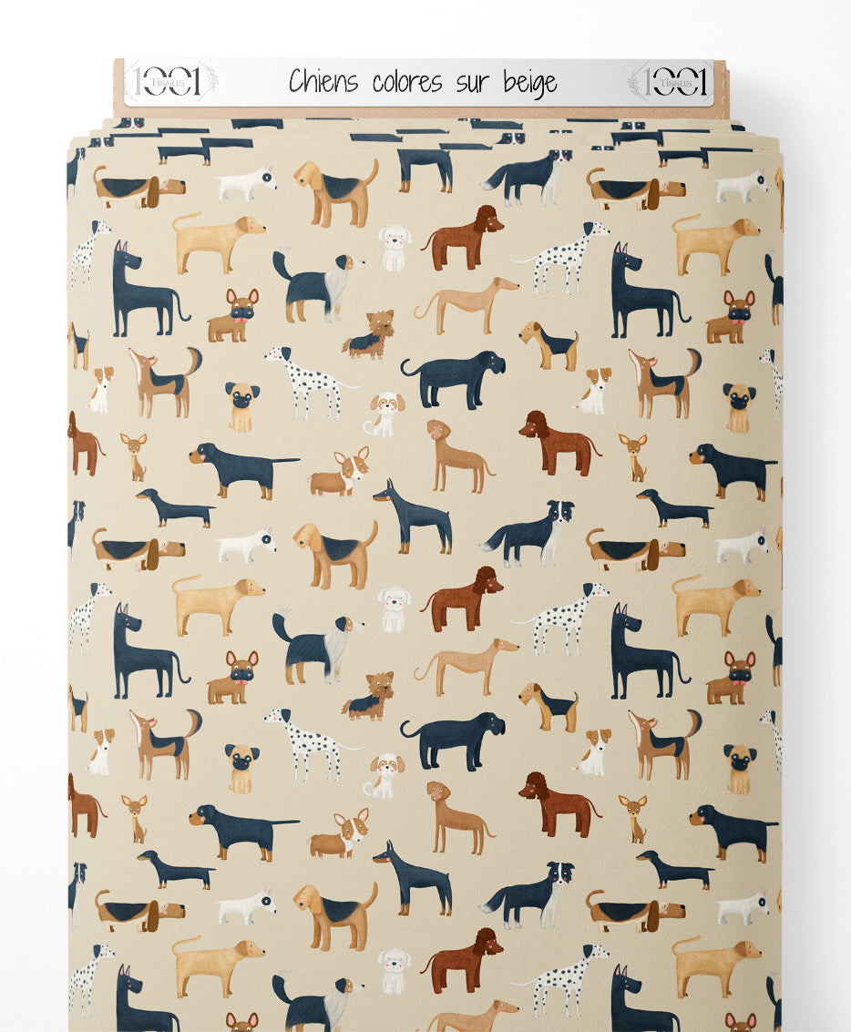 Tissu - Chiens colorés sur beige
