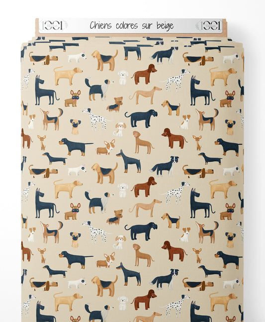 Tissu - Chiens colorés sur beige