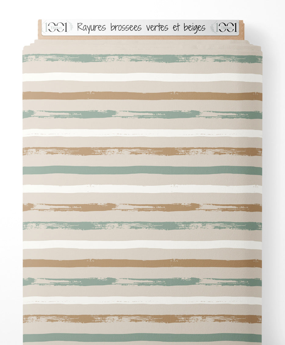 Tissu - Rayures brossées vertes et beiges