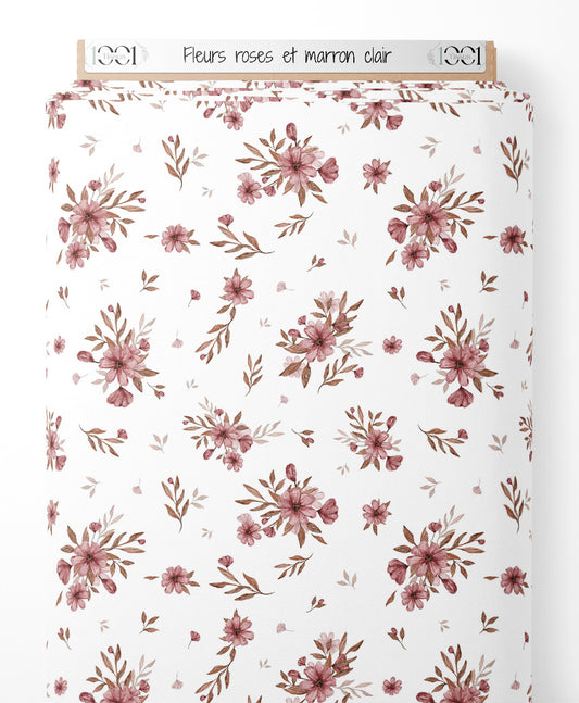 Tissu - Fleurs roses et marron clair