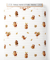 Tissu - Animaux marron et feuilles blanches