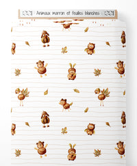 Tissu - Animaux marron et feuilles blanches