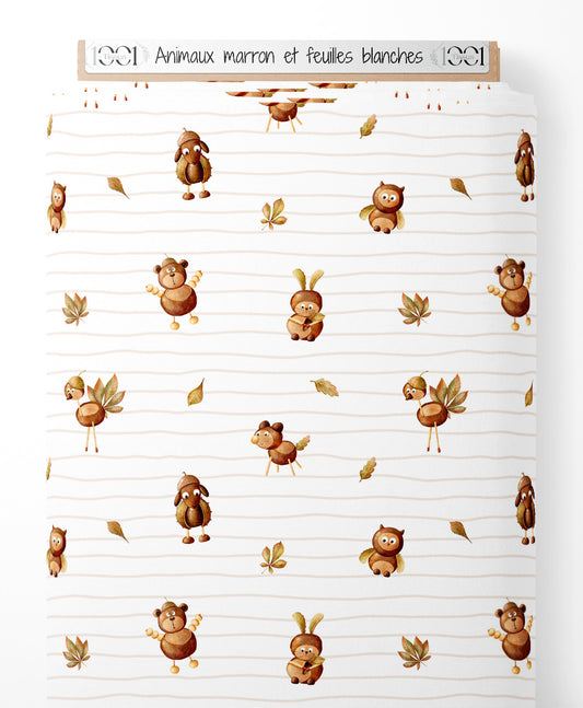 Tissu - Animaux marron et feuilles blanches
