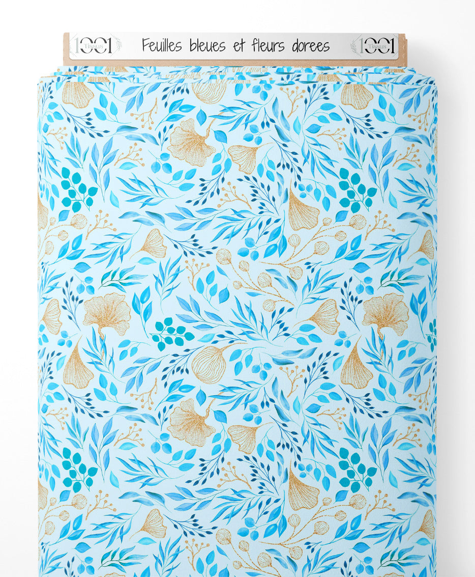 Tissu - Feuilles bleues et fleurs dorées
