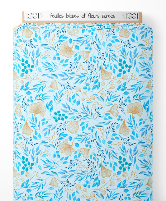Tissu - Feuilles bleues et fleurs dorées
