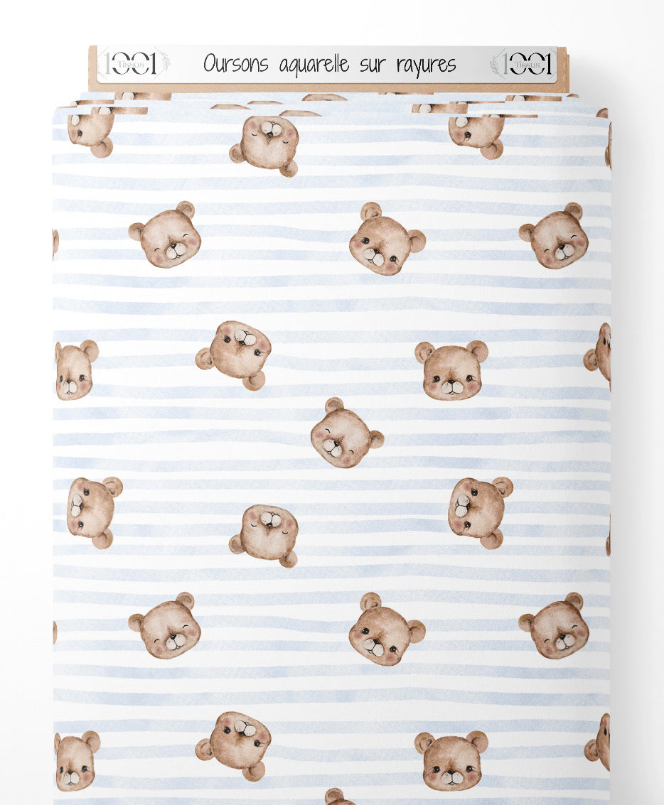 Tissu - Oursons aquarelle sur rayures