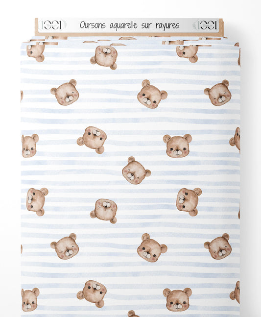 Tissu - Oursons aquarelle sur rayures