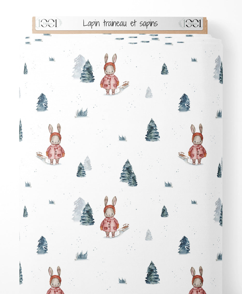 Tissu - Lapin traîneau et sapins