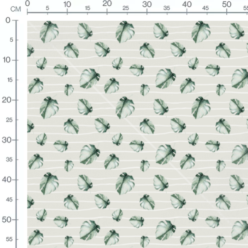 Tissu - Feuilles vertes sur rayures