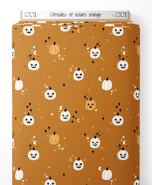 Tissu - Citrouilles et éclairs orange