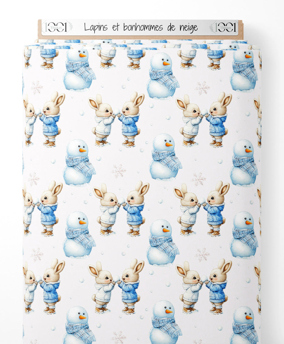 Tissu - Lapins et bonhommes de neige