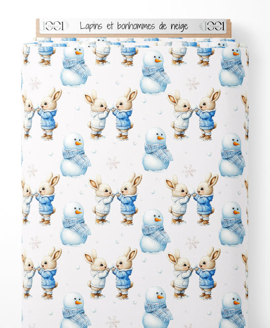 Tissu - Lapins et bonhommes de neige