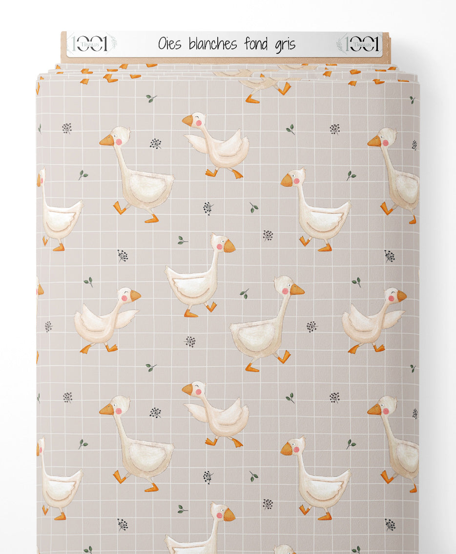Tissu - Oies blanches sur fond gris