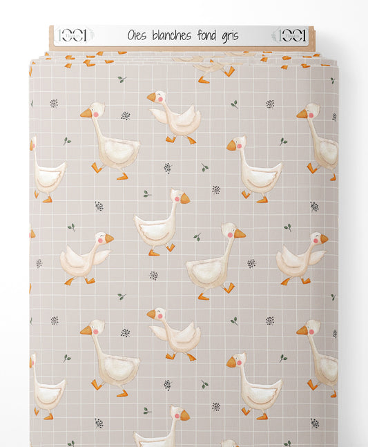 Tissu - Oies blanches sur fond gris