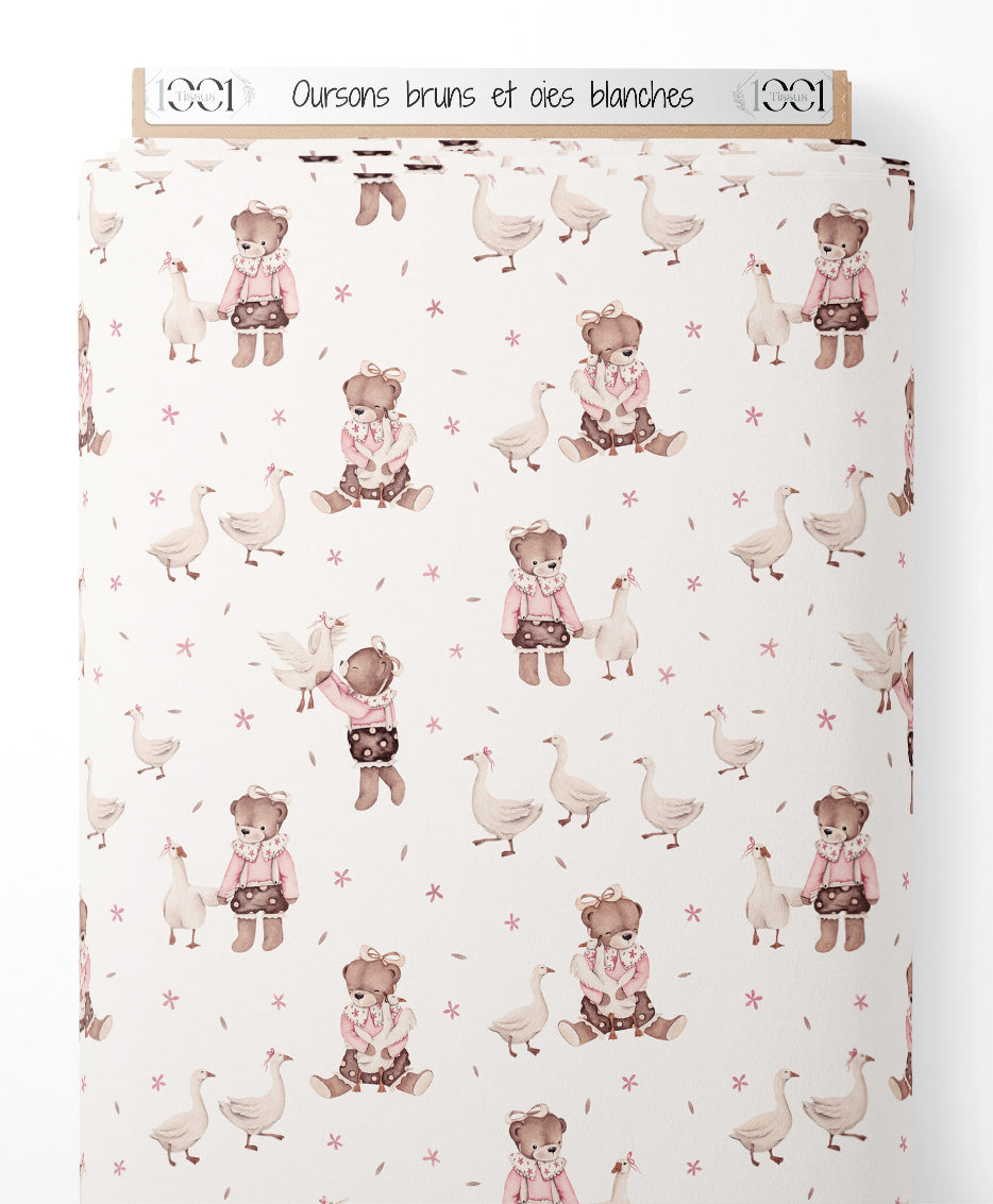 Tissu - Oursons bruns et oies blanches