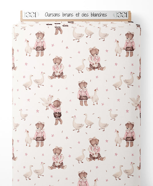 Tissu - Oursons bruns et oies blanches