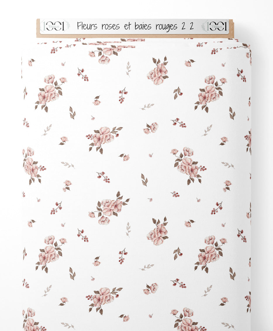 Tissu - Fleurs roses et baies rouges 2 2