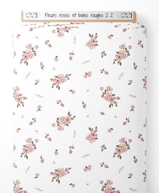 Tissu - Fleurs roses et baies rouges 2 2
