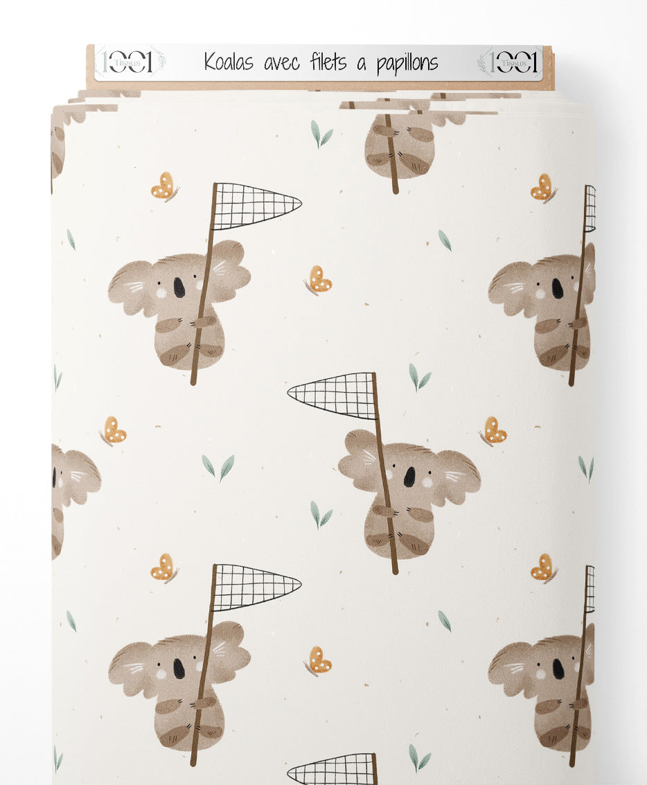 Tissu - Koalas avec filets à papillons