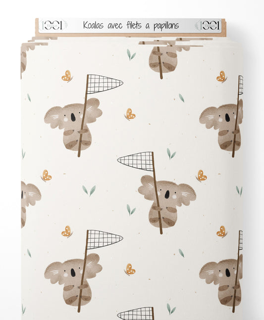 Tissu - Koalas avec filets à papillons