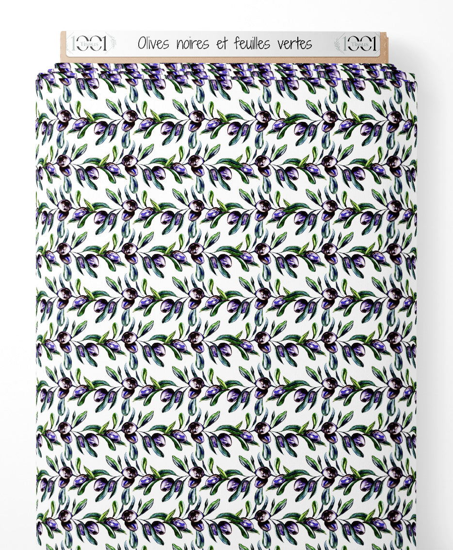Tissu - Olives noires et feuilles vertes