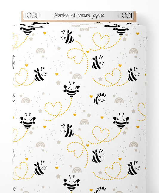 Tissu - Abeilles et cœurs joyeux