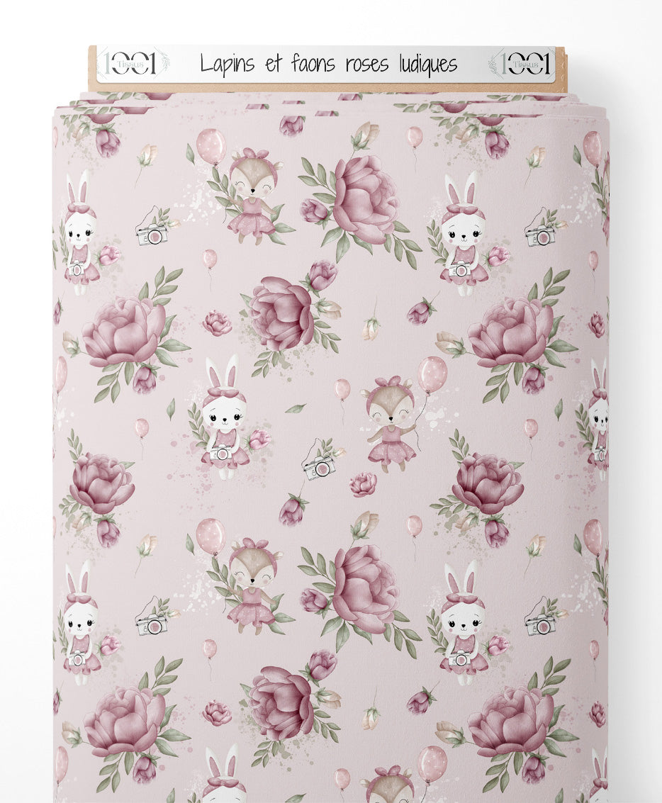 Tissu - Lapins et faons roses ludiques