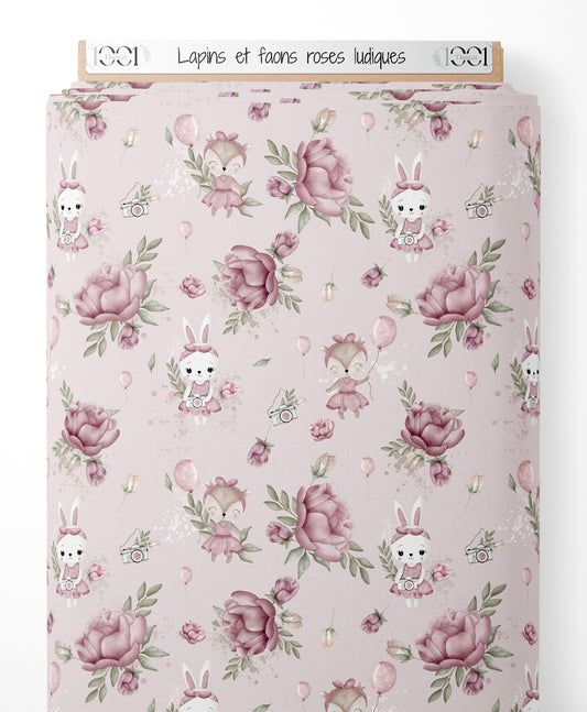 Tissu - Lapins et faons roses ludiques