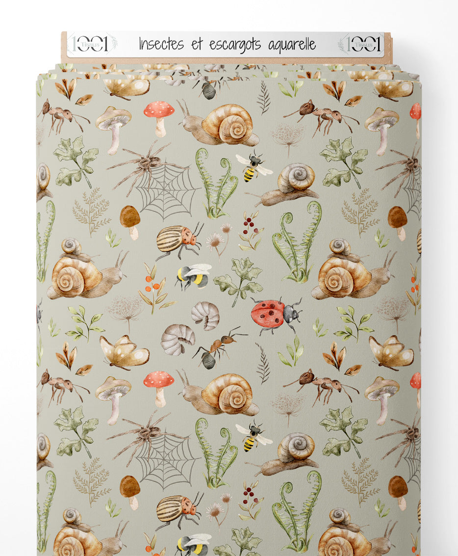 Tissu - Insectes et escargots aquarelle