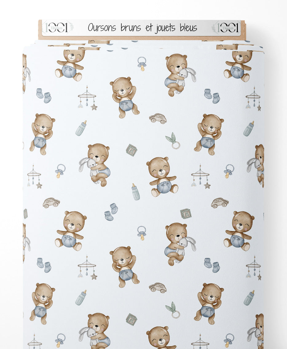 Tissu - Oursons bruns et jouets bleus