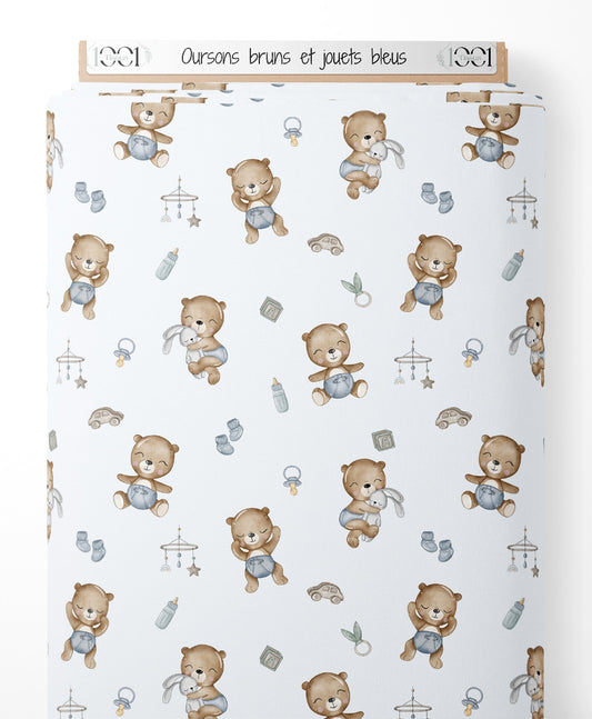 Tissu - Oursons bruns et jouets bleus
