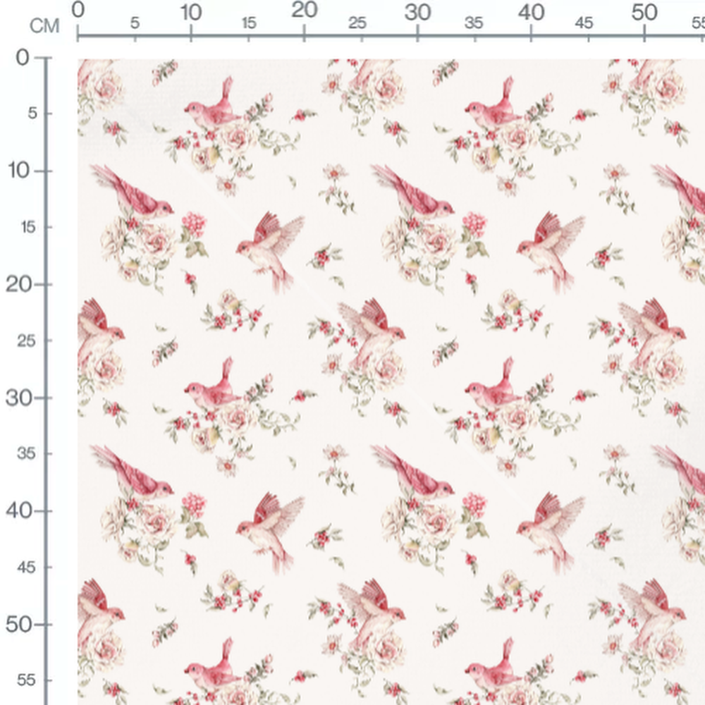 Tissu - Oiseaux roses et fleurs délicates 2