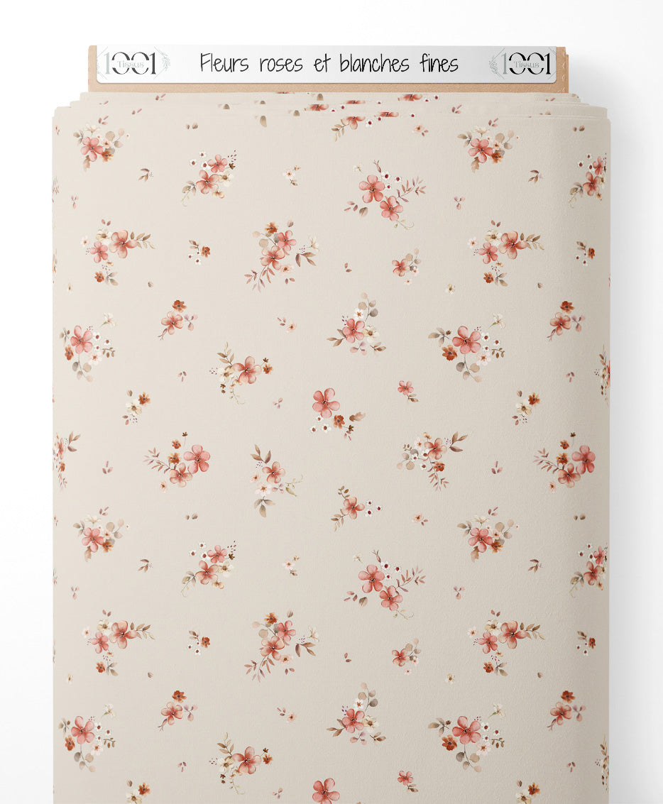 Tissu - Fleurs roses et blanches fines