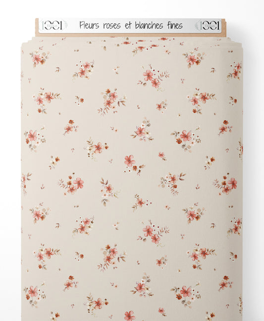 Tissu - Fleurs roses et blanches fines