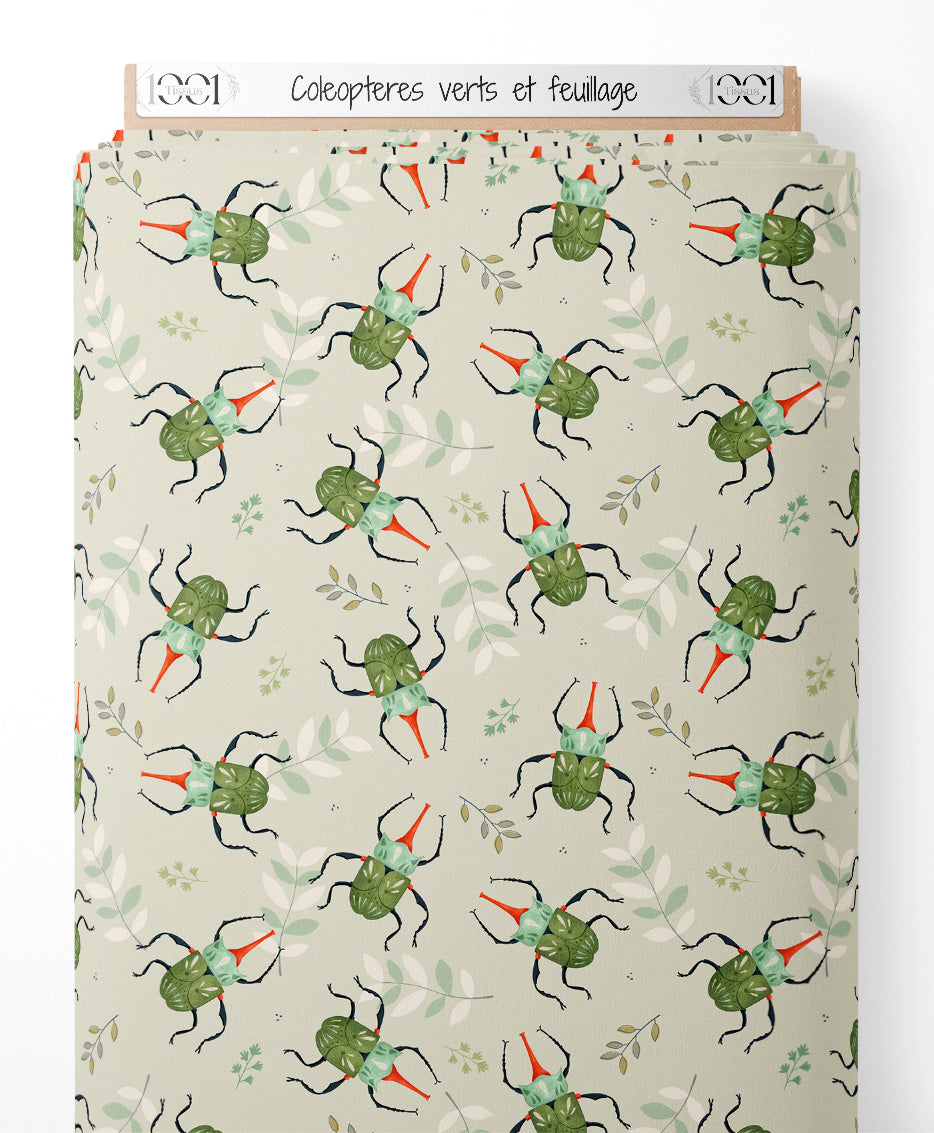 Tissu - Coléoptères verts et feuillage