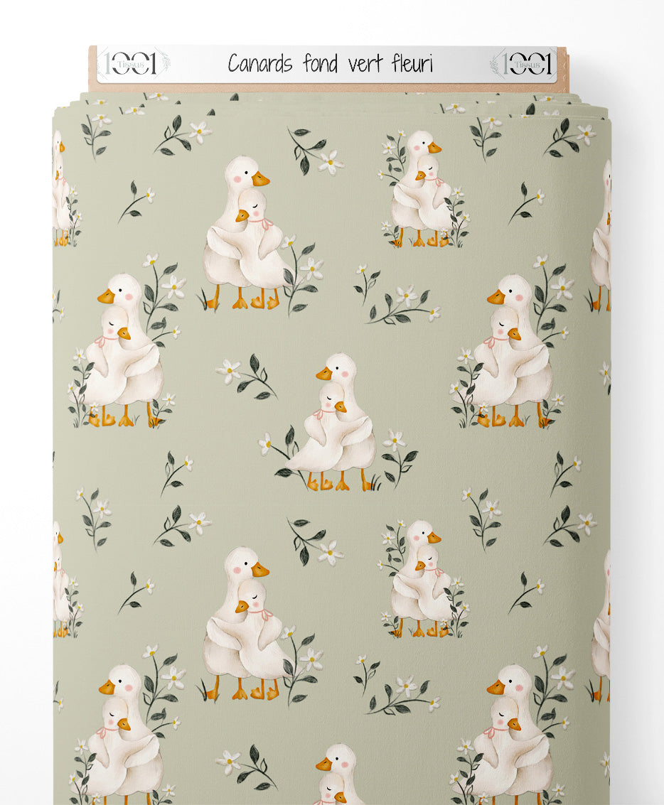 Tissu - Canards sur fond vert fleuri