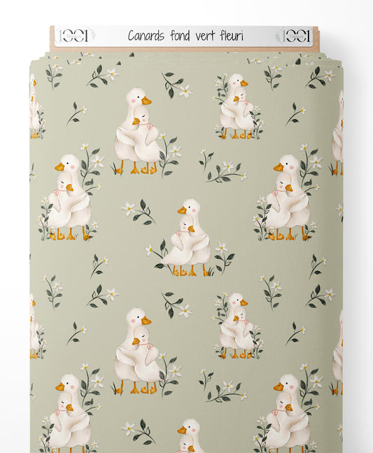 Tissu - Canards sur fond vert fleuri