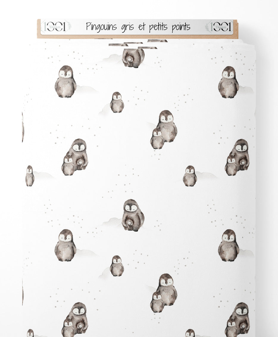 Tissu - Pingouins gris et petits points