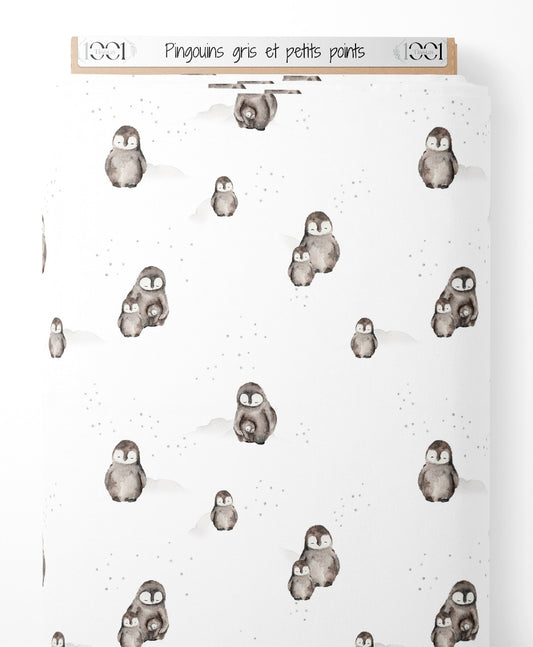Tissu - Pingouins gris et petits points