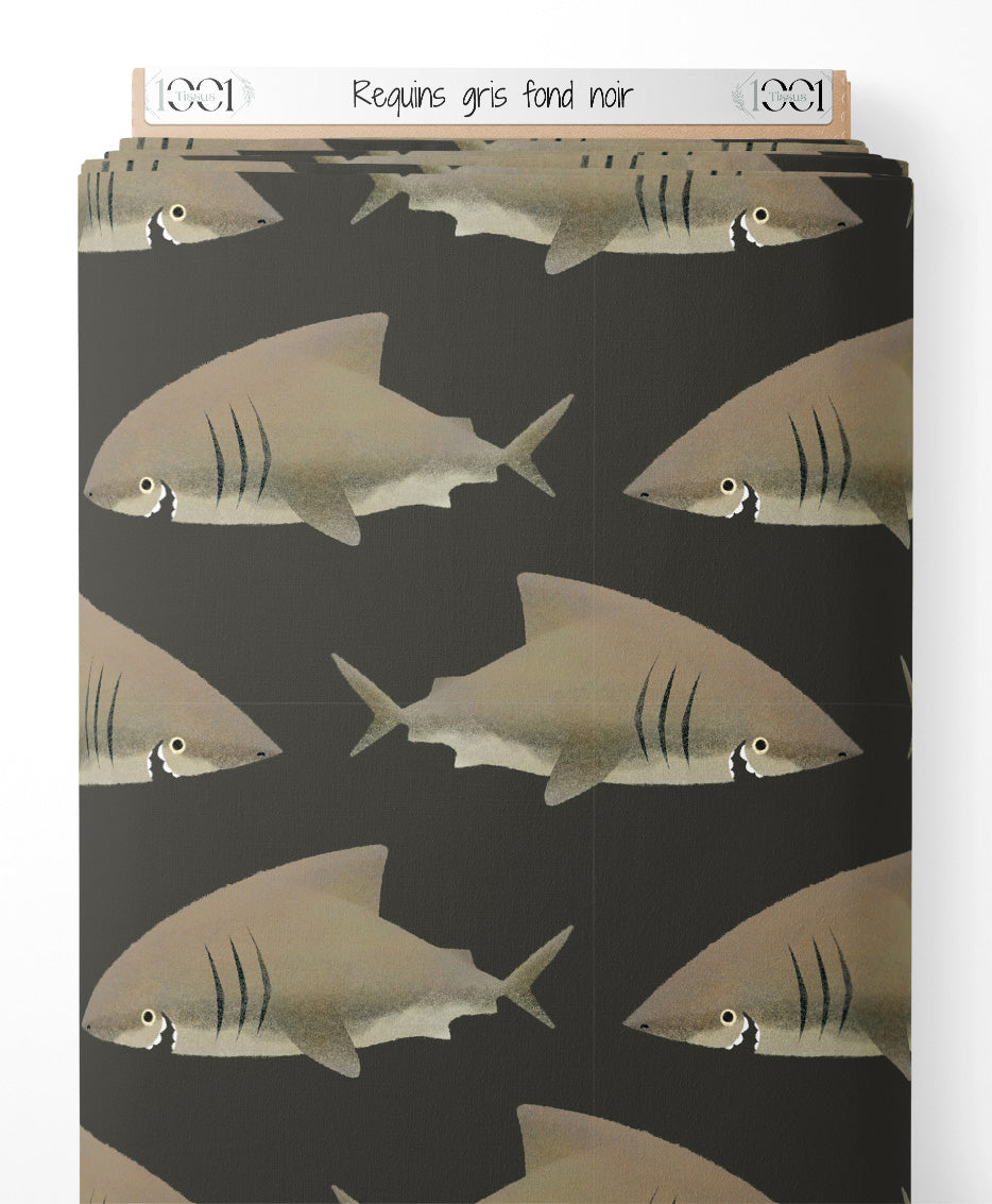 Tissu - Requins gris sur fond noir