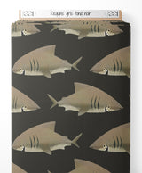 Tissu - Requins gris sur fond noir
