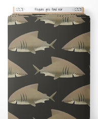 Tissu - Requins gris sur fond noir