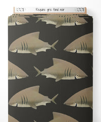 Tissu - Requins gris sur fond noir