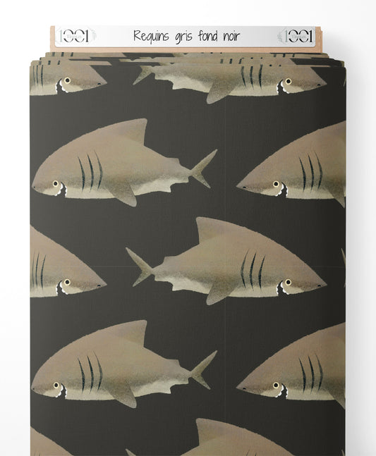 Tissu - Requins gris sur fond noir