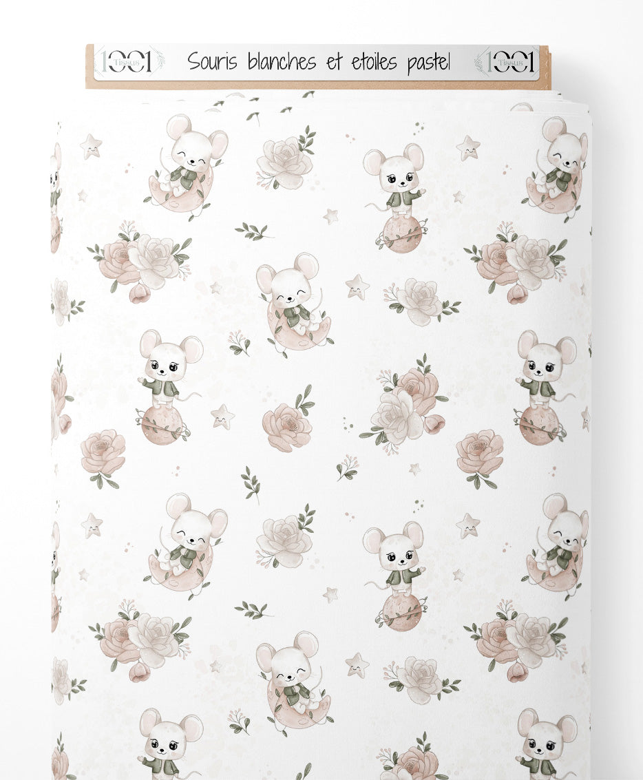 Tissu - Souris blanches et étoiles pastel