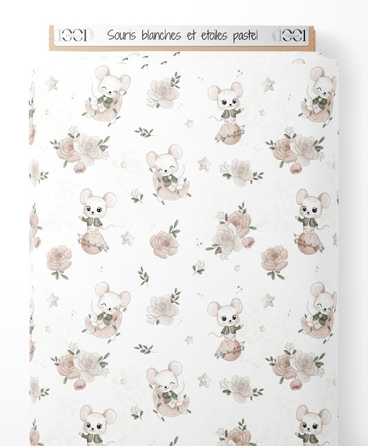 Tissu - Souris blanches et étoiles pastel